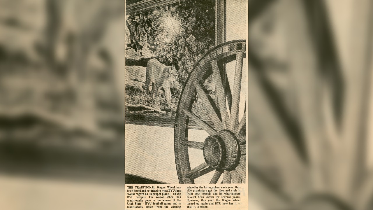 Clipping from the Provo Daily Herald, Nov. 12, 1975, detailing the common practice of students "stealing" the Old Wagon Wheel between BYU and Utah State — and the Wheel's disappearance for several years until it was discovered in 1975.