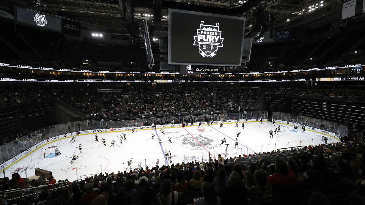 Teams warm up during an NHL exhibition game at Vivint Arena in Salt Lake City on Thursday, Sept. 30, 2021.