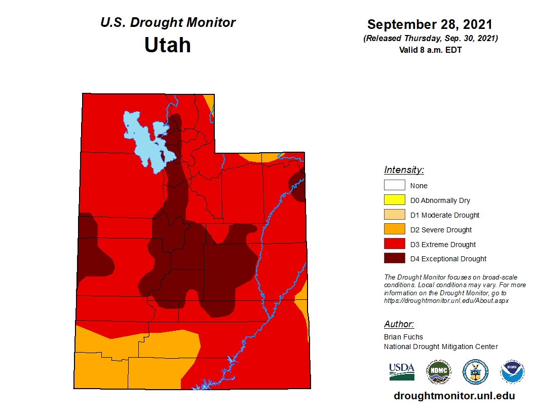 A map of Utah's drought situation released on Thursday. It shows all of Utah in at least "severe" drought status at the end of the 2021 water year.