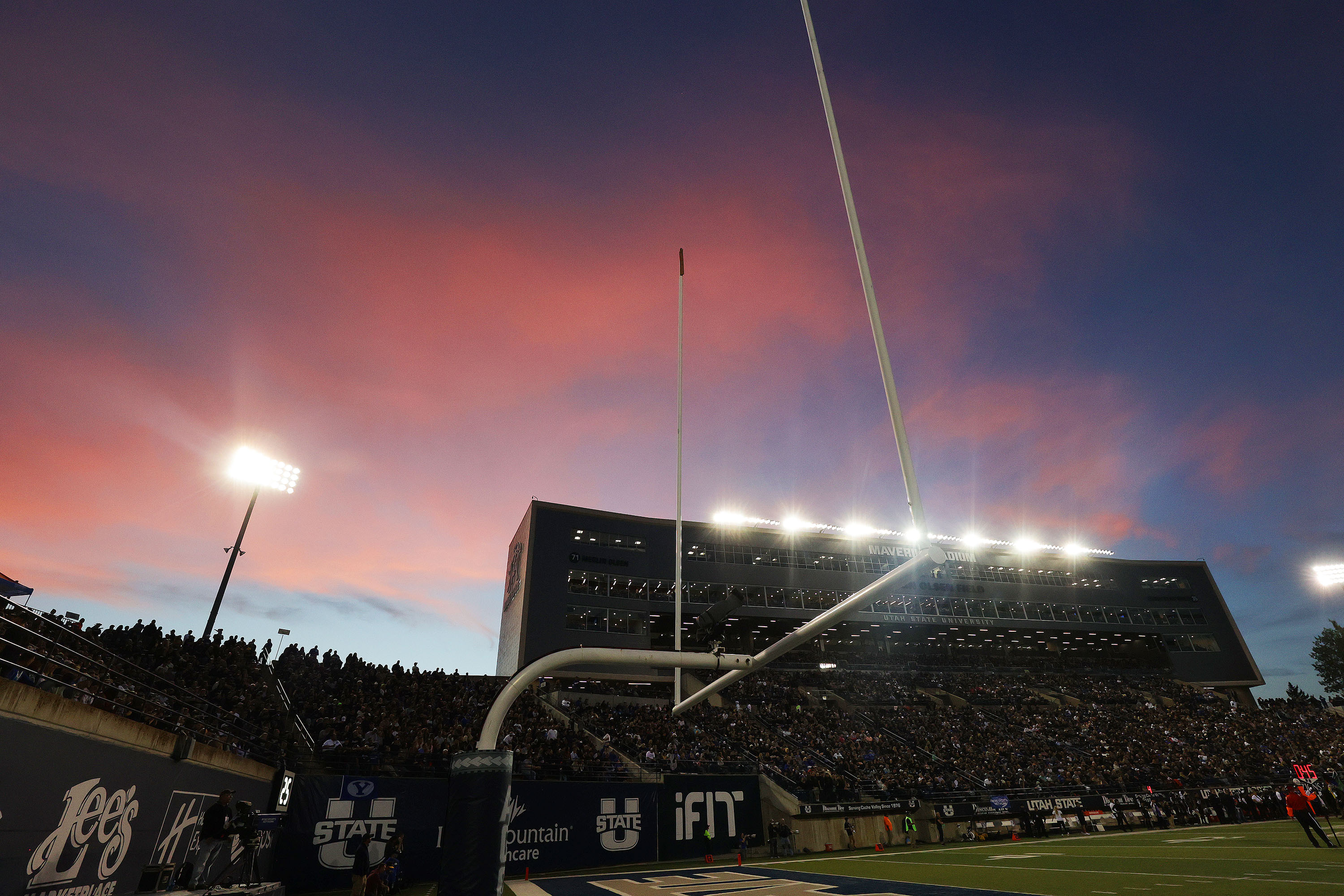 The sun sets over Maverik Stadium in Logan on Friday, Oct. 1, 2021.