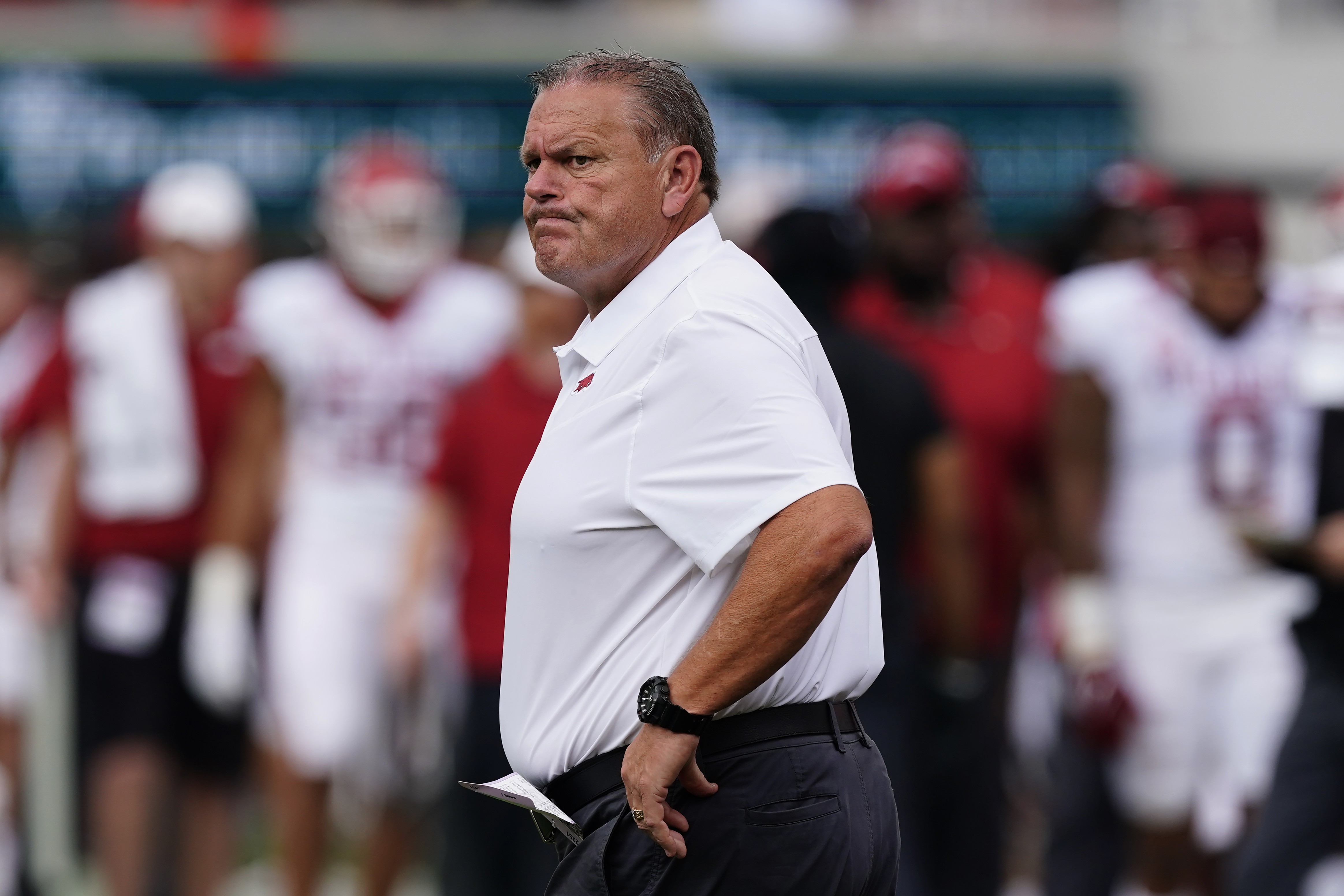 Arkansas head coach Sam Pittman paces the sideline during the first half of an NCAA college football game against Georgia Saturday, Oct. 2, 2021, in Athens, Ga.