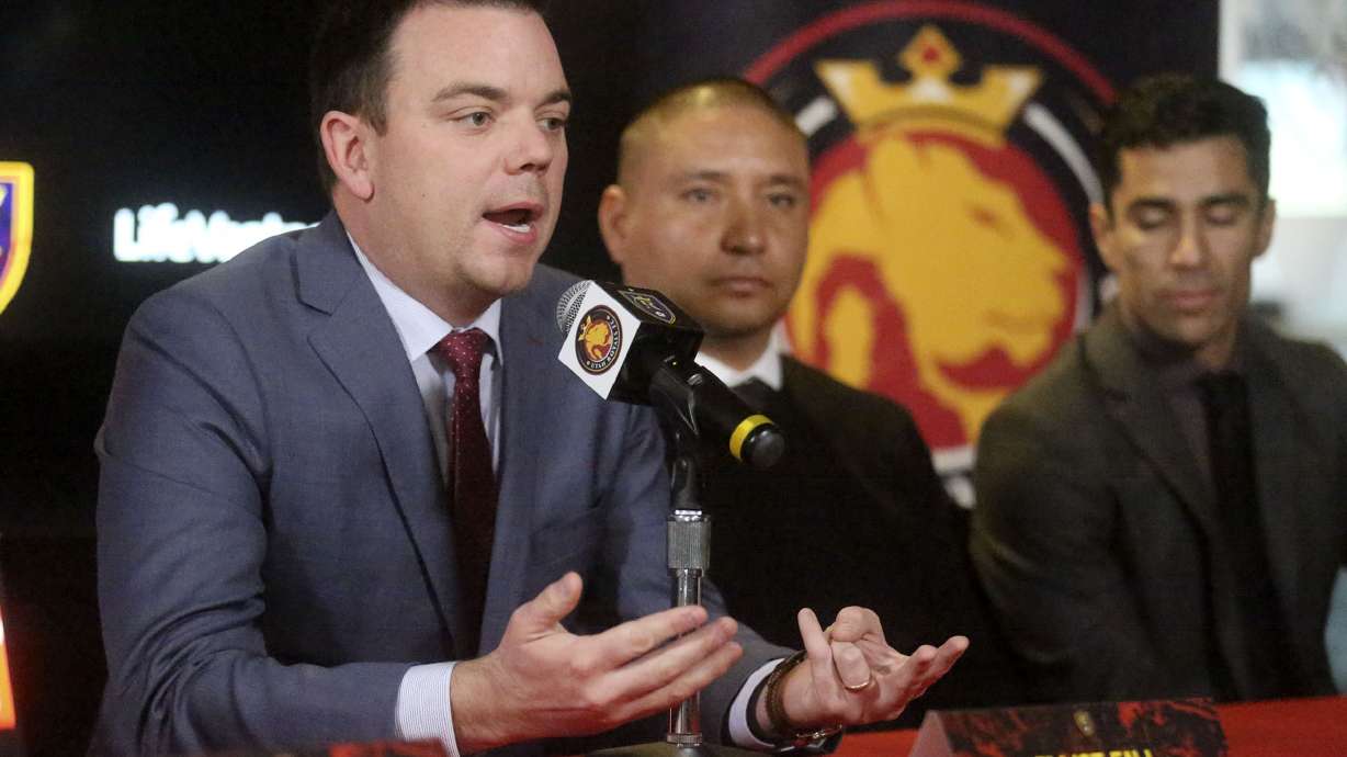 Real Salt Lake general manager Elliot Fall talks to the media during a press conference at Rio Tinto Stadium in Sandy on Tuesday, Dec. 3, 2019.