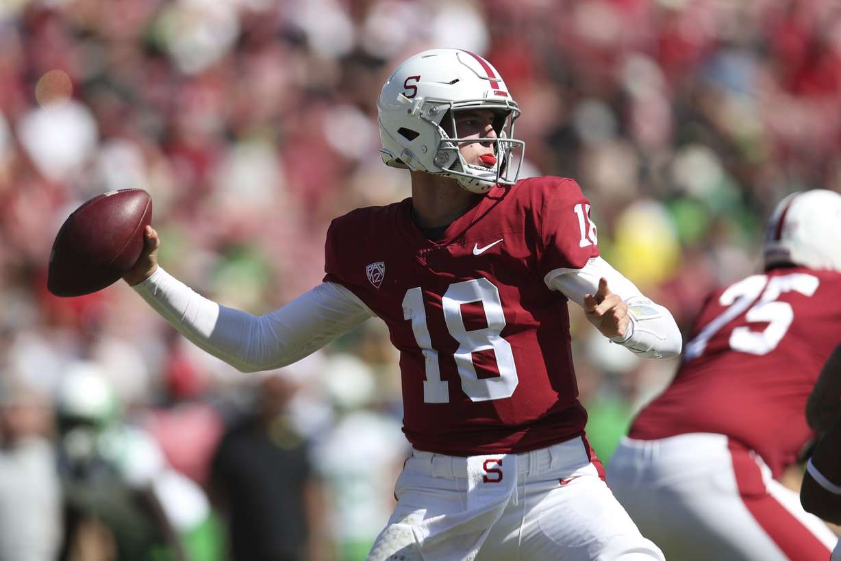 Stanford's Tanner McKee throws a pass during the first half of an NCAA college football game against Oregon in Stanford, Calif., Saturday, Oct. 2, 2021.
