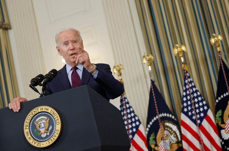 U.S. President Joe Biden delivers remarks on the U.S. debt ceiling from the State Dining Room of the White House in Washington on Monday. Biden accused Senate Republicans of taking a "reckless" position in refusing to join Democrats in voting to raise the government's $28.4 trillion debt as the United States faces the risk of a historic default in just two weeks.