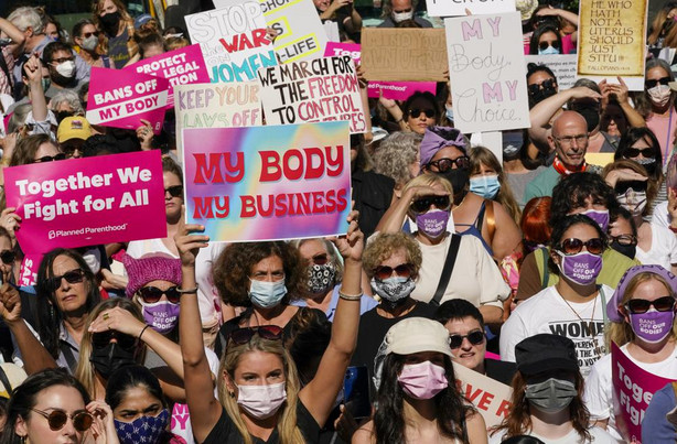 Demonstrators rally to to demand continued access to abortion during the March for Reproductive Justice on Saturday in New York. The first Women's March of the Biden administration sets its sights on the Supreme Court, part of nationwide protests demanding continued access to abortion in a year when conservative lawmakers and judges have put it in jeopardy.