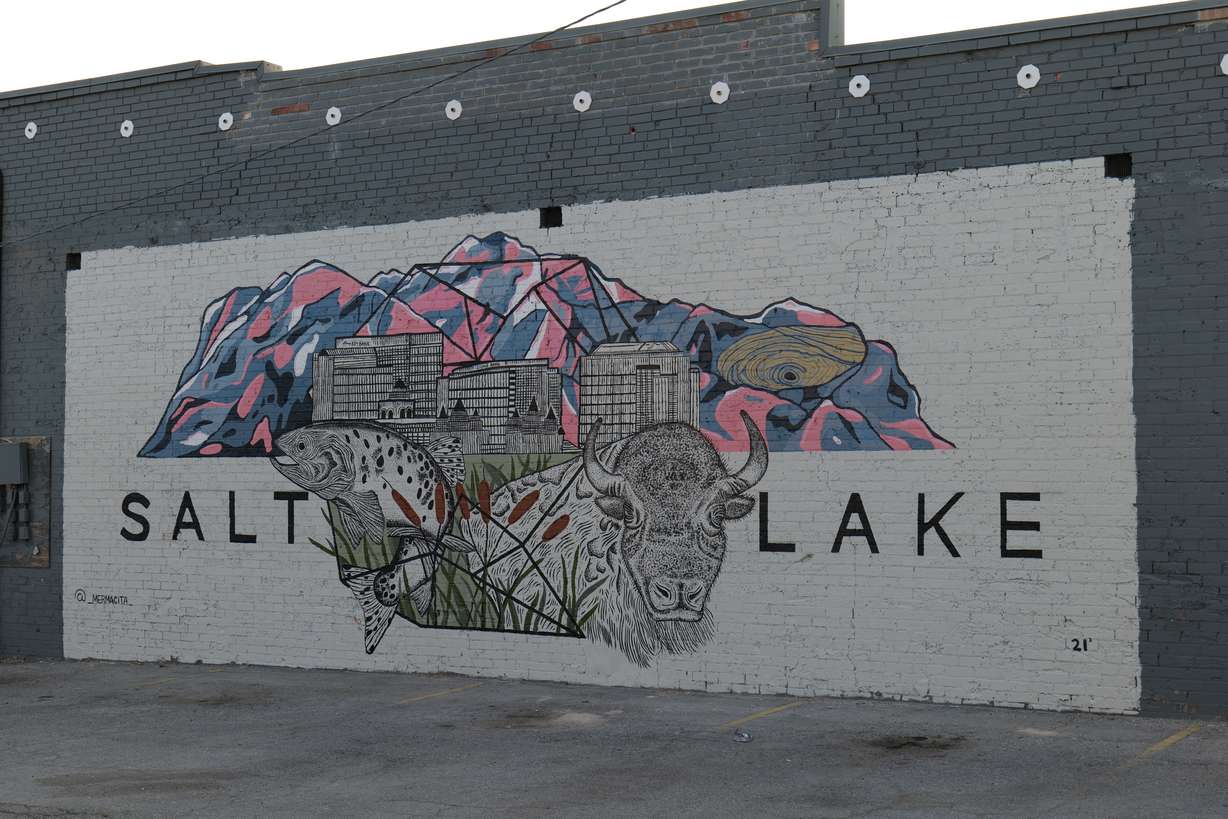 A mural painted by Miriam Gutierrez outside of the Copper Mine Saloon in Magna.