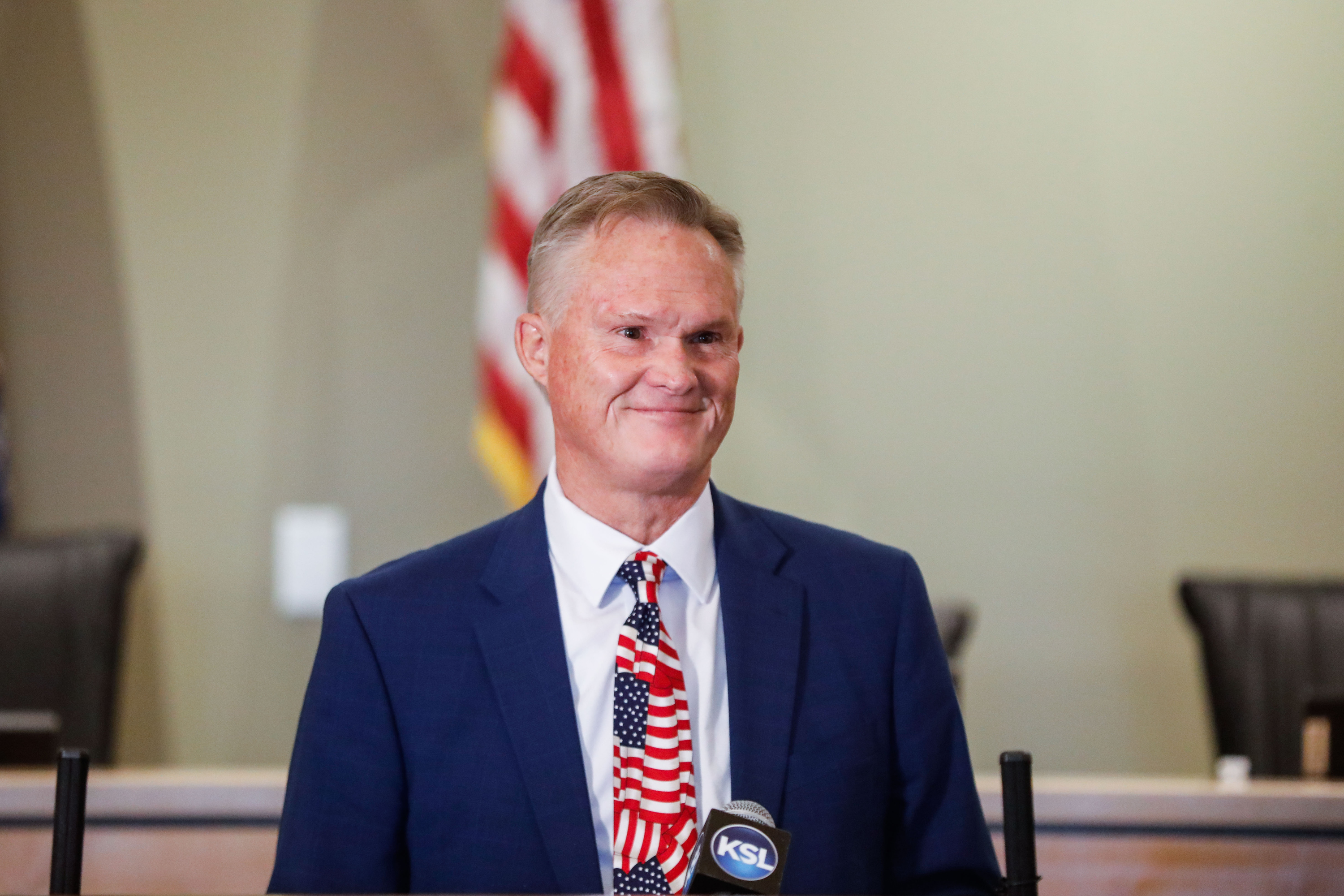 Eagle Mountain Mayor Tom Westmoreland smiles during a press conference Monday at Eagle Mountain City Hall welcoming Google to the city for a potential future data center.