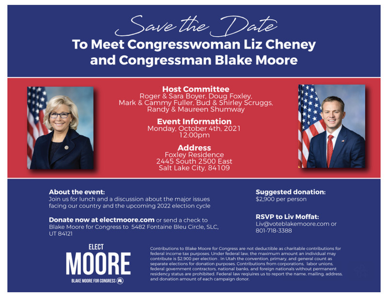 A save the date flyer for
Rep. Blake Moore, R-Utah, and Rep. Liz Cheney's, R-Wyo., campaign fundraising event is pictured.