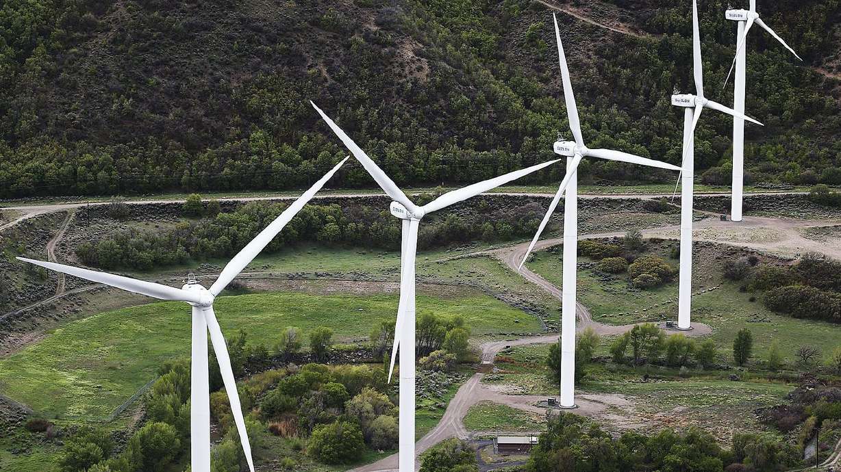 Windmills turn at the mouth of Spanish Fork Canyon on April 26, 2016. A Colorado-based conservative organization
promoting the West says the political "right” needs to own environmental problems, identify the solutions and better promote
how real change is transforming the energy economy.