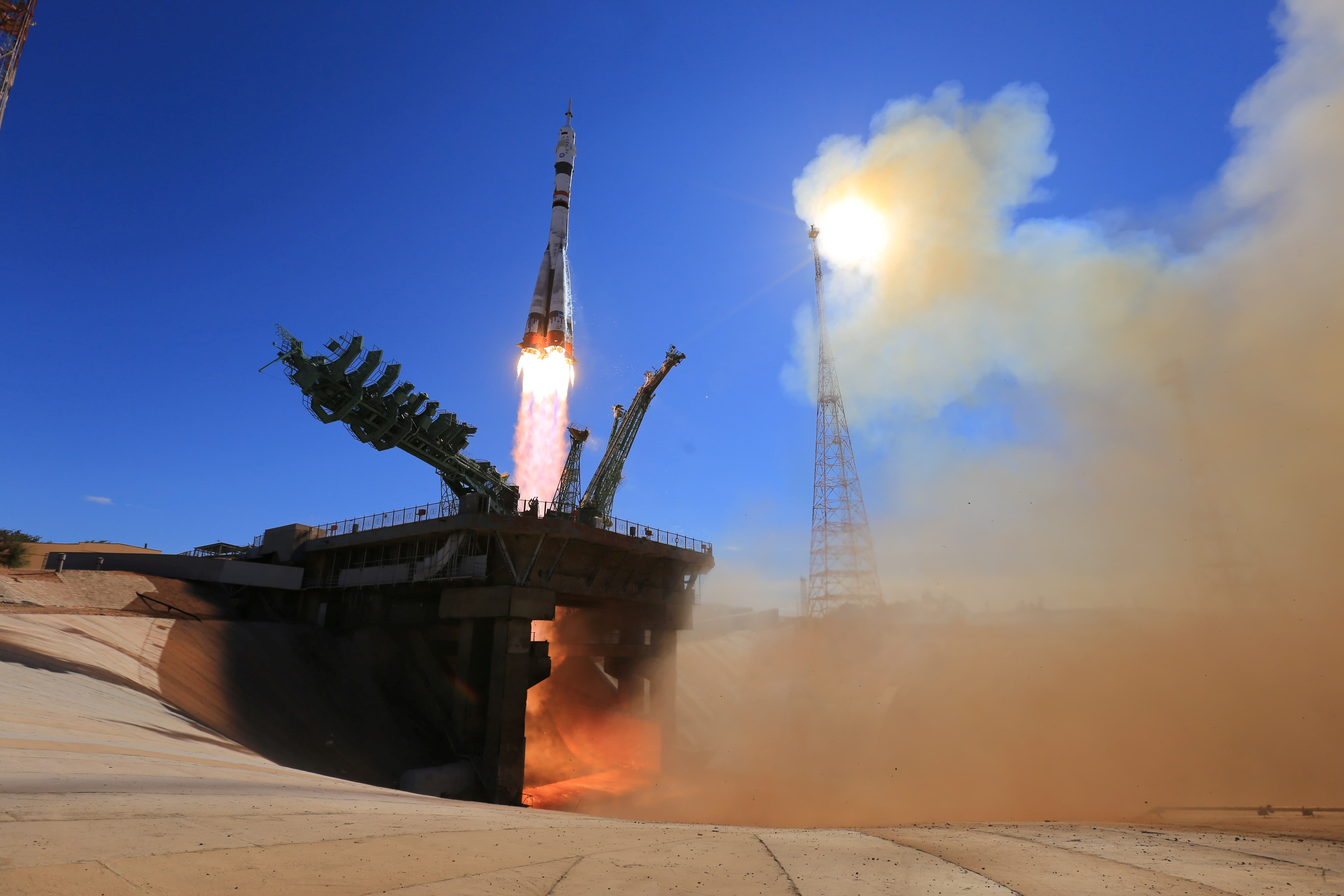 The Soyuz MS-19 spacecraft carrying the crew, formed of Russian cosmonaut Anton Shkaplerov, film director Klim Shipenko and actress Yulia Peresild, blasts off to the International Space Station from the launchpad at the Baikonur Cosmodrome, Kazakhstan on Tuesday. 