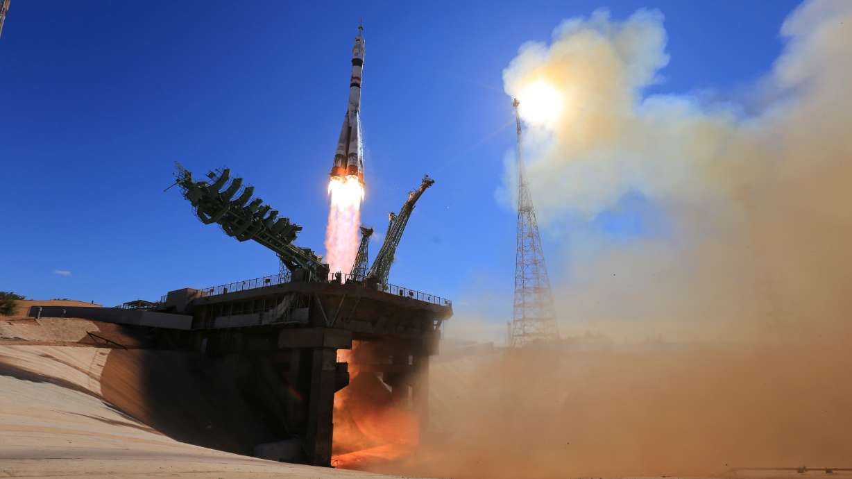 The Soyuz MS-19 spacecraft carrying the crew, formed of Russian cosmonaut Anton Shkaplerov, film director Klim Shipenko and actress Yulia Peresild, blasts off to the International Space Station from the launchpad at the Baikonur Cosmodrome, Kazakhstan on Tuesday.