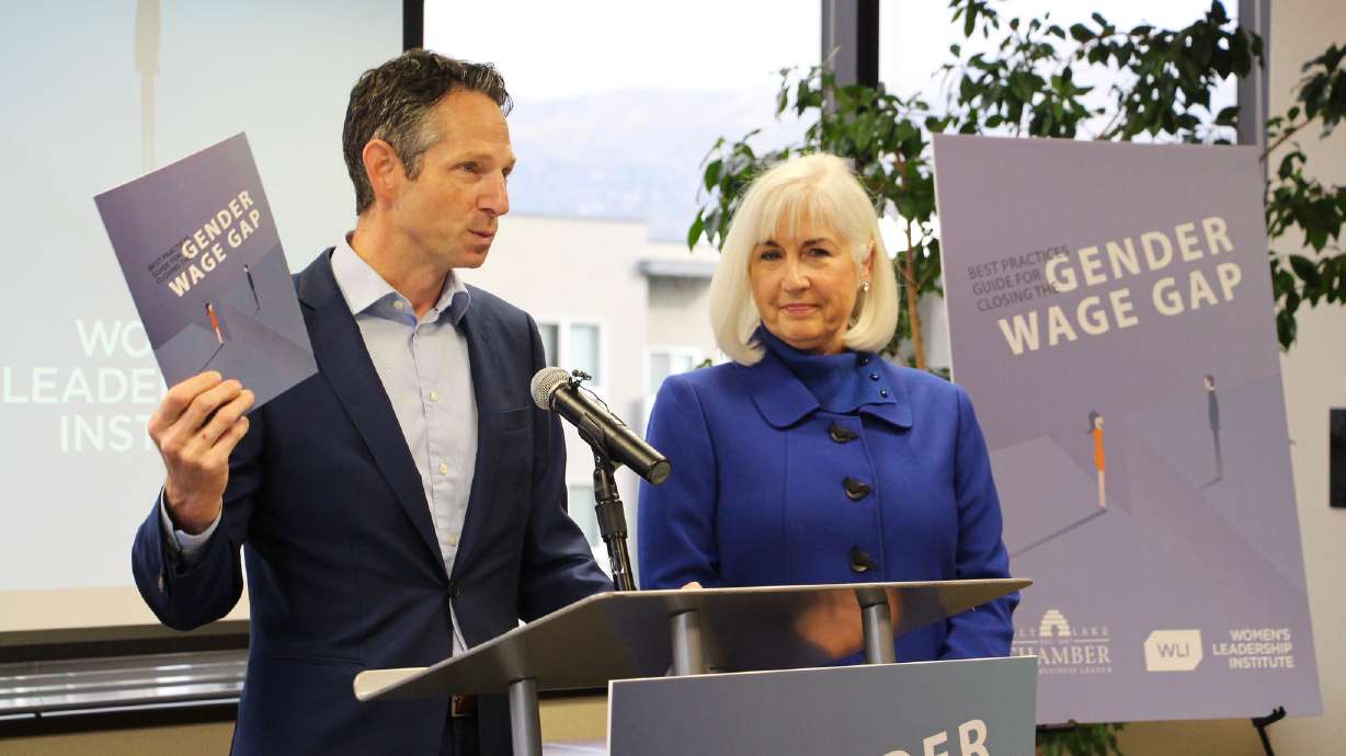 Salt Lake Chamber President and CEO Derek Miller and Patricia Jones, CEO of the Women's Leadership Institute, speak about the gender wage gap during a press conference on Nov. 30, 2018. Utah State University's Utah Women & Leadership Project released a study Tuesday that demonstrates that Utah has the fifth largest gender wage gap in the country.