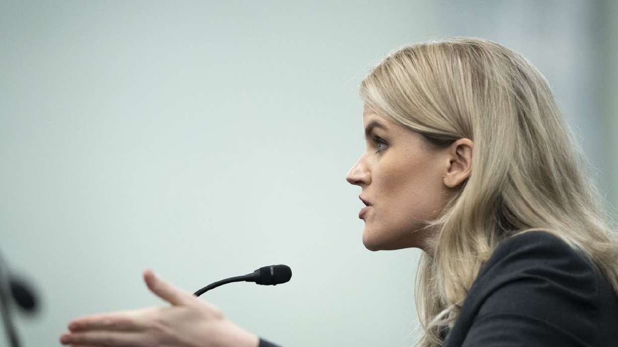 Former Facebook employee and whistleblower Frances Haugen testifies during a Senate Committee on Commerce, Science,
and Transportation hearing on Capitol Hill on Tuesday in Washington, where Utah Sen. Mike Lee presented evidence he said showed Facebook is simply failing to catch harmful ad content targeting children.