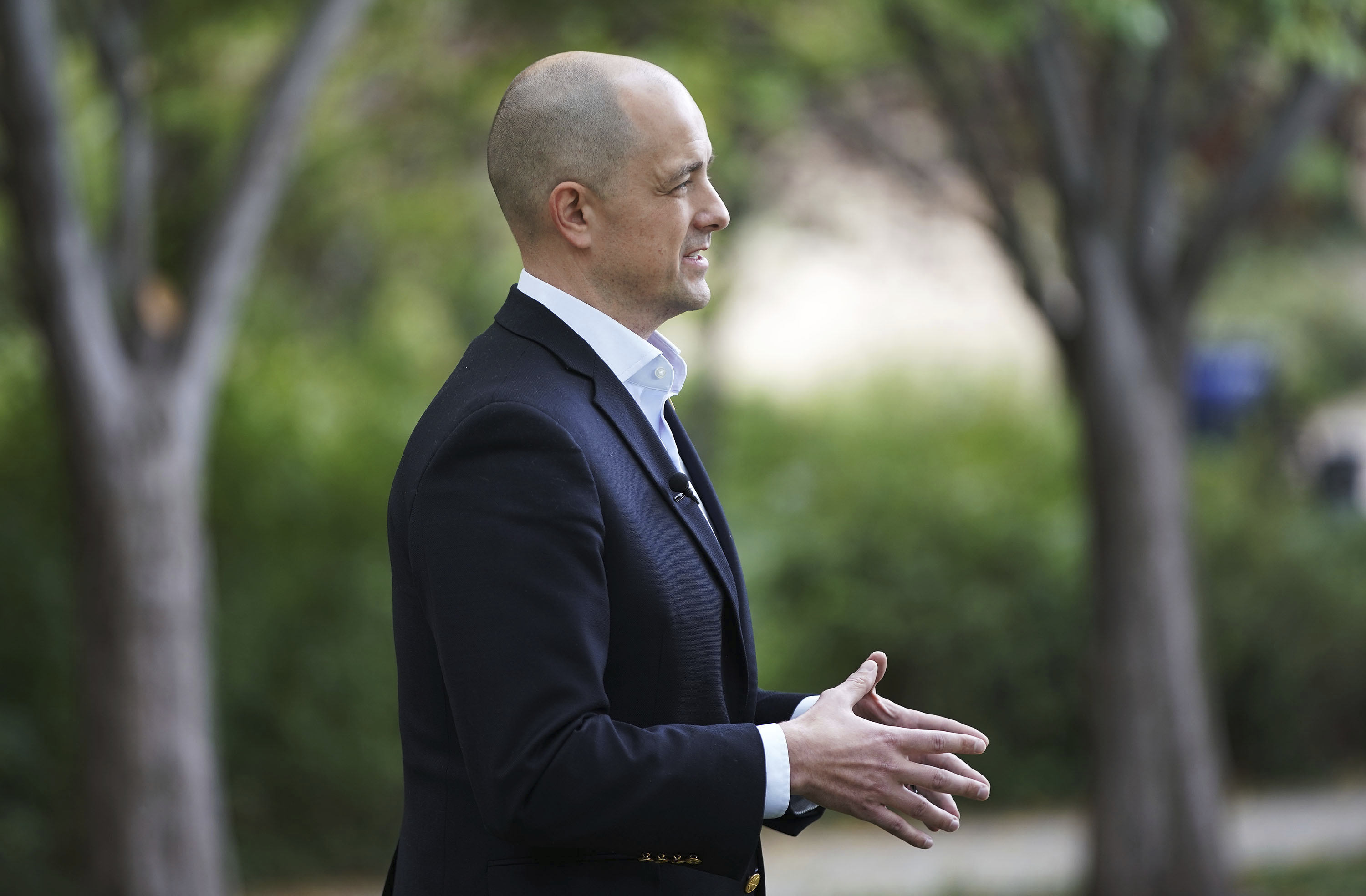 Evan McMullin talks about his campaign to challenge Sen. Mike Lee as an independent candidate for U.S. Senate in Salt Lake City, Tuesday, Oct. 5, 2021.