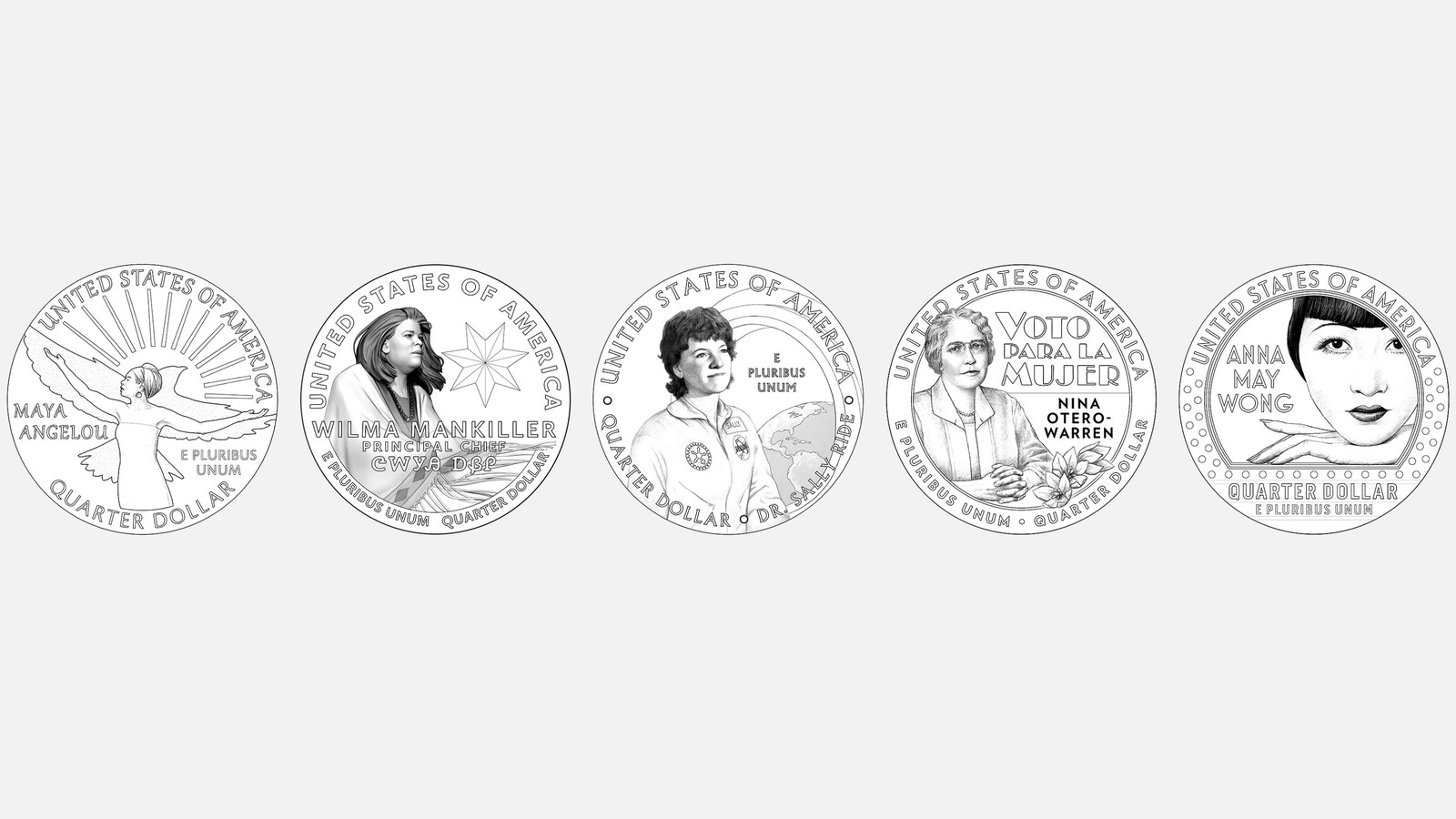 From left: Maya Angelou, Wilma Mankiller, Sally Ride, Nina Otero-Warren, and Anna May Wong are the first five women to appear on quarters produced through the US Mint's "American Women Quarters Program."