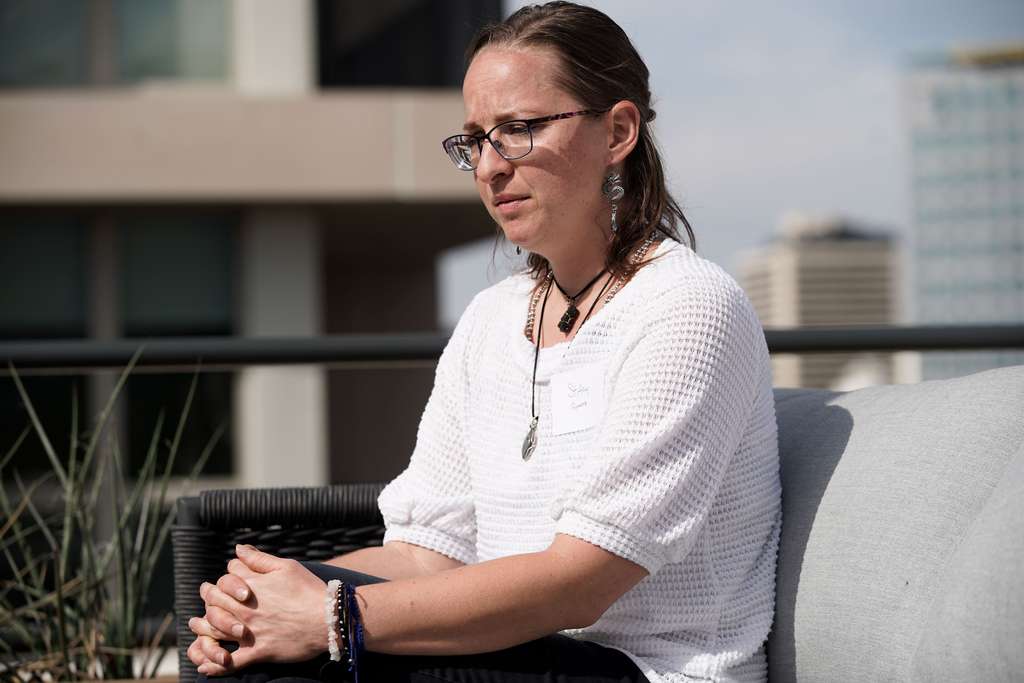 Stacy Symons, a sex trafficking survivor, talks to the members of the media during a lunch for supporters of the Aspen House in Salt Lake City on Thursday.