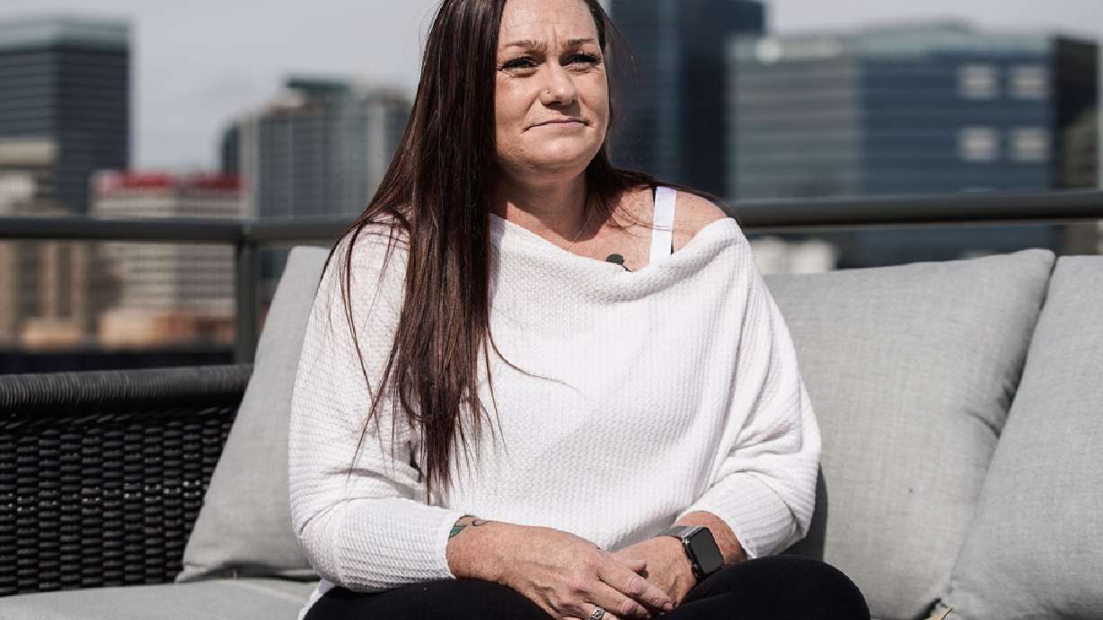 Brandy Funk, a sex trafficking survivor, talks to the members of the media during a lunch for supporters of the Aspen House in Salt Lake City on Thursday. Funk now helps the Aspen House, a home for healing for sex trafficking victims.