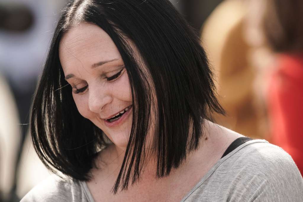 Brittney Garcia, a sex trafficking survivor, talks to the members of the media during a lunch for supporters of the Aspen House in Salt Lake City on Thursday.
