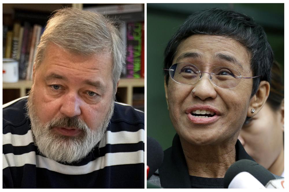 A combination of images of Novaya Gazeta editor Dmitry Muratov, left, and of Rappler CEO and Executive Editor Maria Ressa. On Friday the Nobel Peace Prize was awarded to journalists Maria Ressa of the Philippines and Dmitry Muratov of Russia for their fight for freedom of expression.