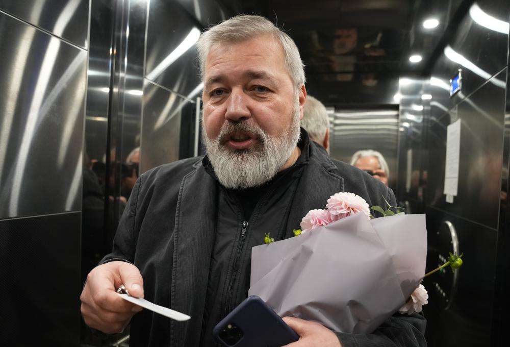Novaya Gazeta editor Dmitry Muratov talks to media at the Novaya Gazeta newspaper, in Moscow, Russia, Friday. The 2021 Nobel Peace Prize has been awarded to journalists Maria Ressa of the Philippines and Dmitry Muratov of Russia. The Norwegian Nobel Committee cited their fight for freedom of expression, stressing that it is vital in promoting peace.