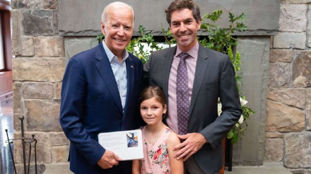 Bianca Noyes, center, and Gavin Noyes, right, pose with President Joe Biden during a campaign stop in Park City in 2019. Bianca is the little girl who made President Biden promise to restore the Bears Ears National Monument.