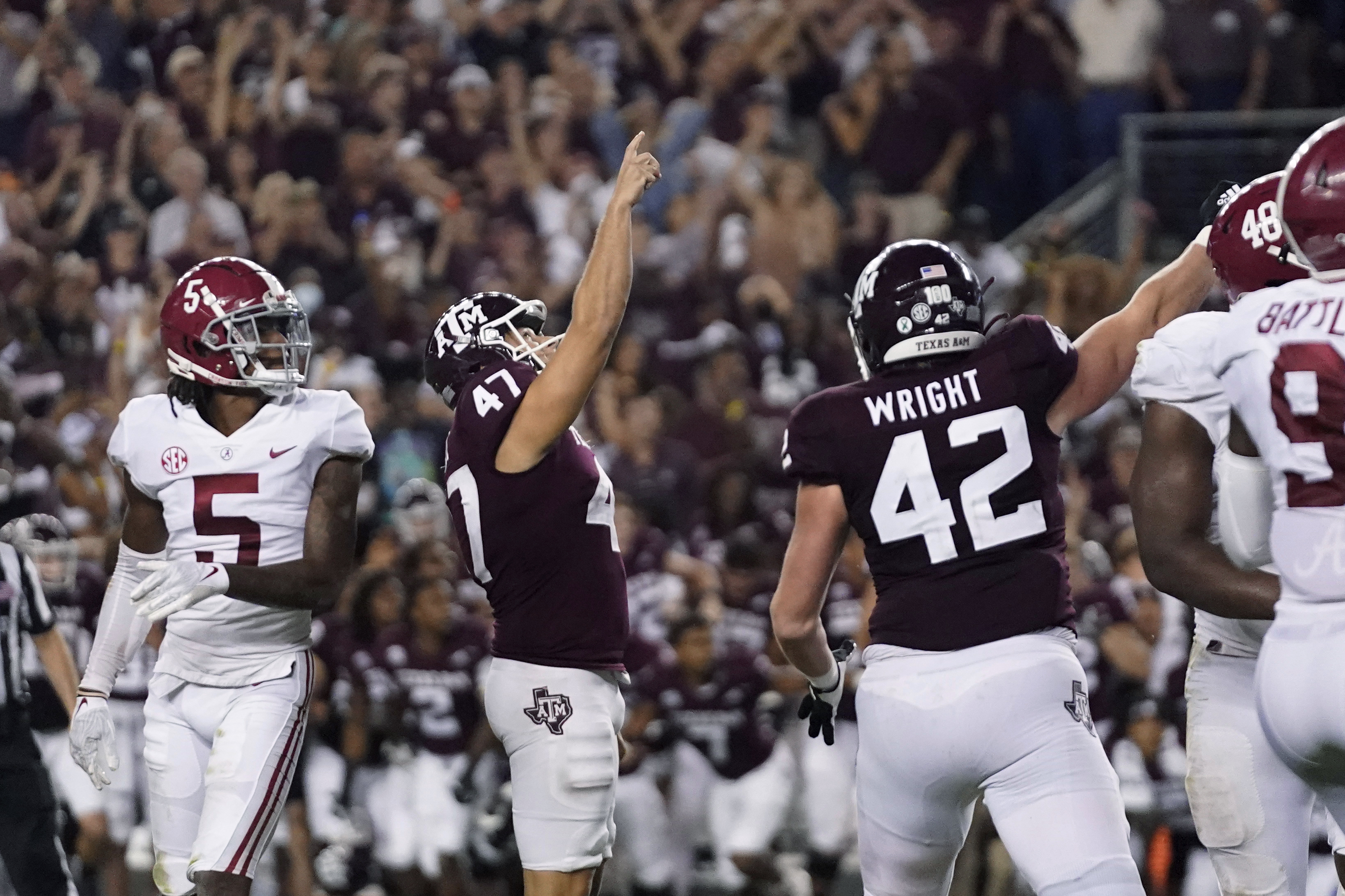 Texas A&M's Seth Small (47) reacts after making a field goal to defeat Alabama, at the end of an NCAA college football game Saturday, Oct. 9, 2021, in College Station, Texas.