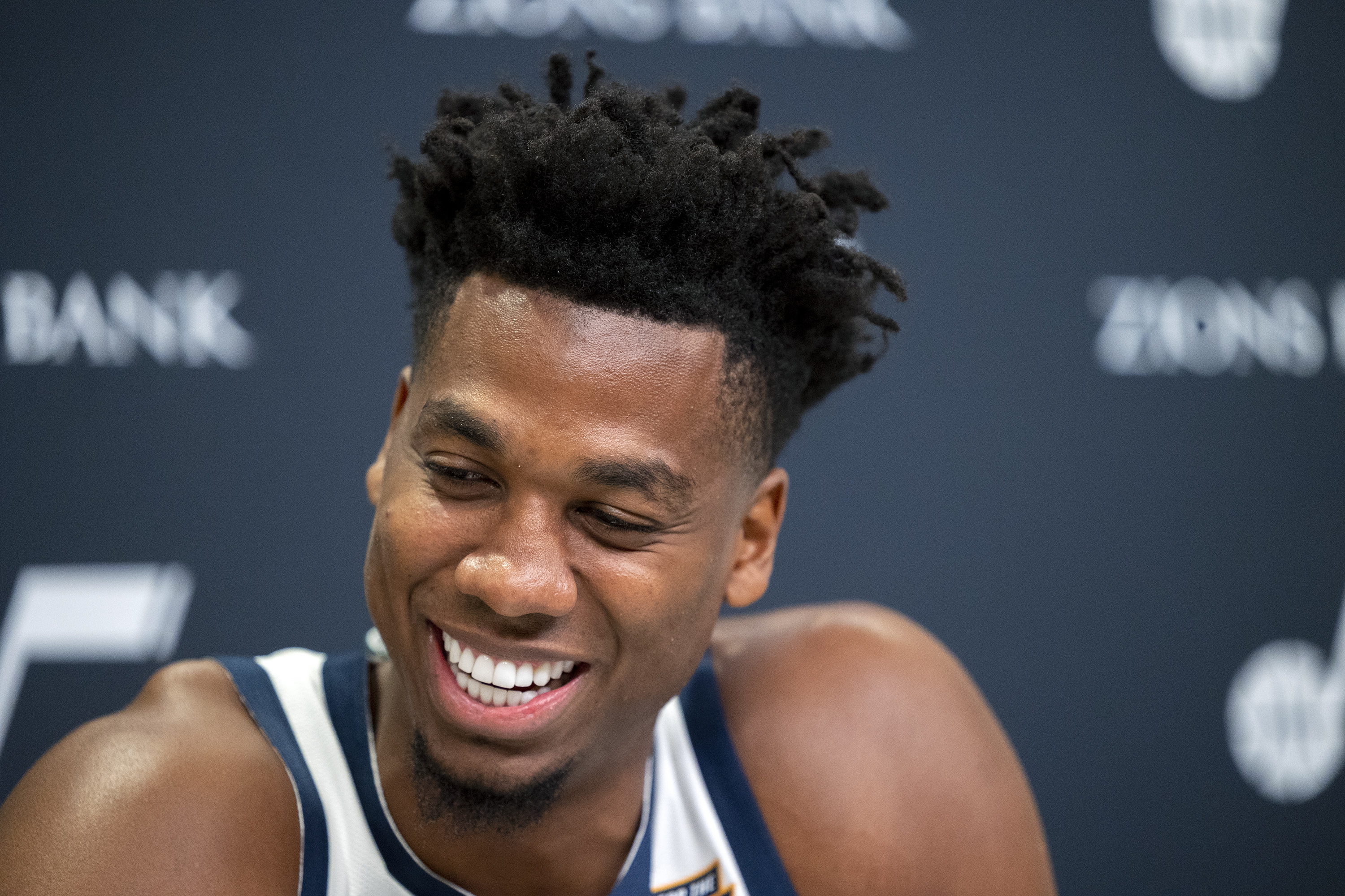 Utah Jazz center Hassan Whiteside laughs during an interview during the Utah Jazz media media day at Vivint Arena in Salt Lake City on Monday, Sept. 27, 2021.