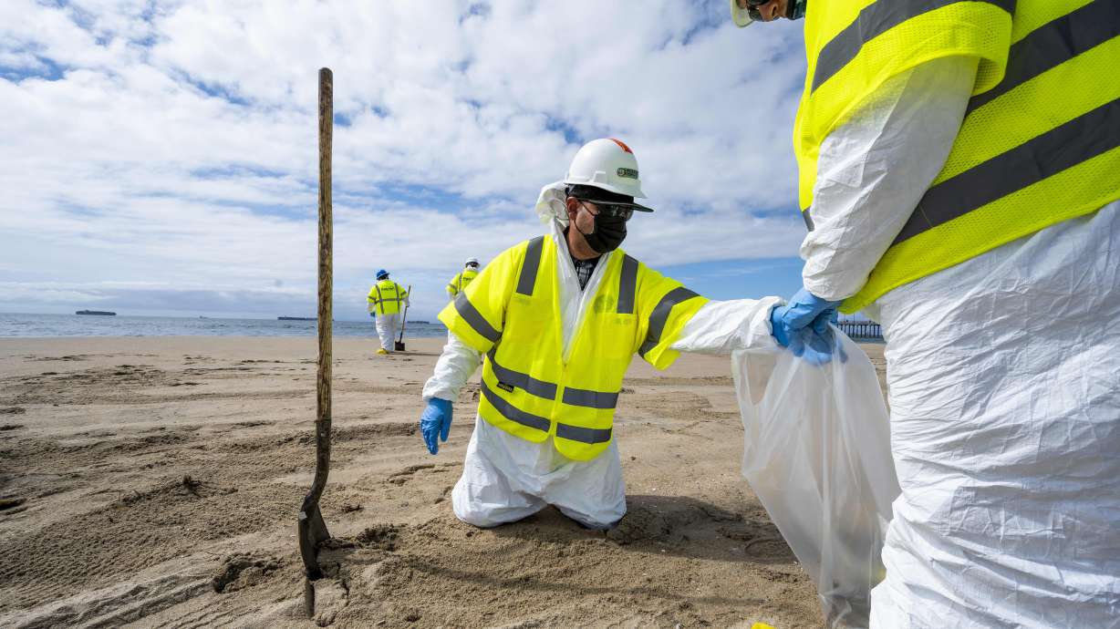 Workers with Patriot Environmental Services pick through the sand looking for pieces of oil south of the pier in Huntington Beach, Calif., on Friday.