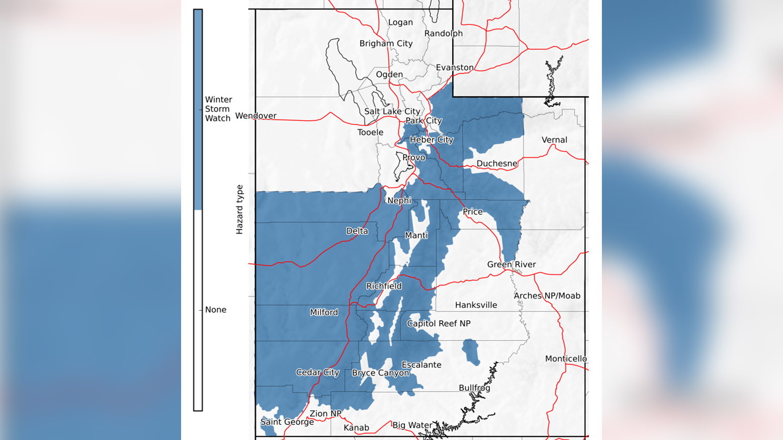 This map shows areas of Utah under a winter storm watch Monday evening through Tuesday evening. The storm is forecast to provide up to 18 inches of snow in Utah's mountains.