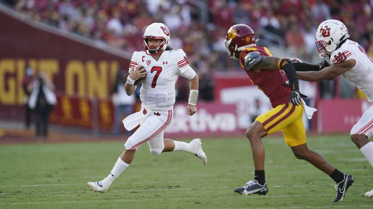 Utah quarterback Cameron Rising (7) runs against Southern California during the first half of an NCAA college football game Saturday, Oct. 9, 2021, in Los Angeles.