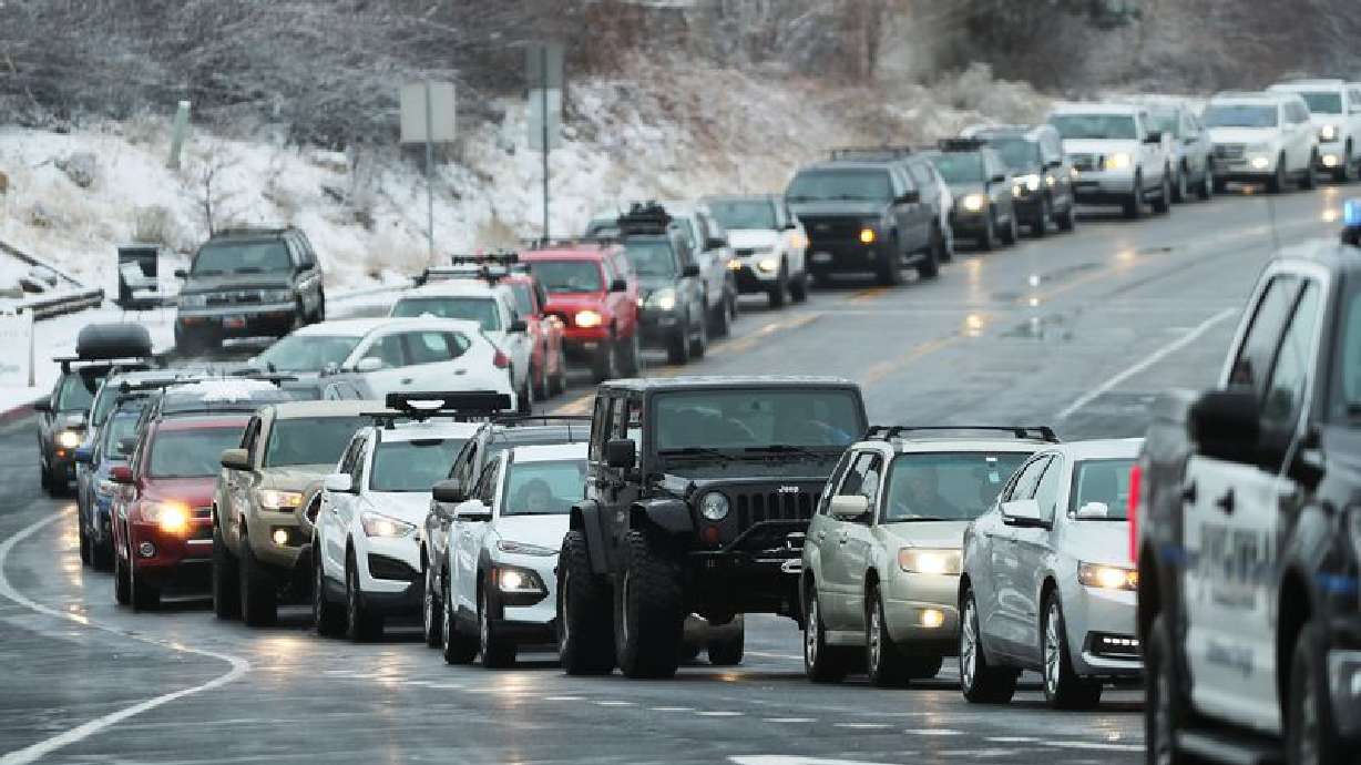 Skier traffic is backed up on Wasatch Boulevard at the mouth of Big Cottonwood Canyon in Salt Lake City on Jan. 24, 2021.
