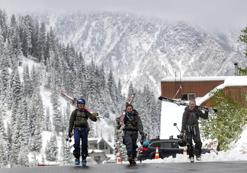 Backcountry skiers Jake Turnbull, left, Santiago Vega
and Jason Malczyk walk back to their cars after skiing at Alta Ski
Area at the top of Little Cottonwood Canyon on June 8,
2020.