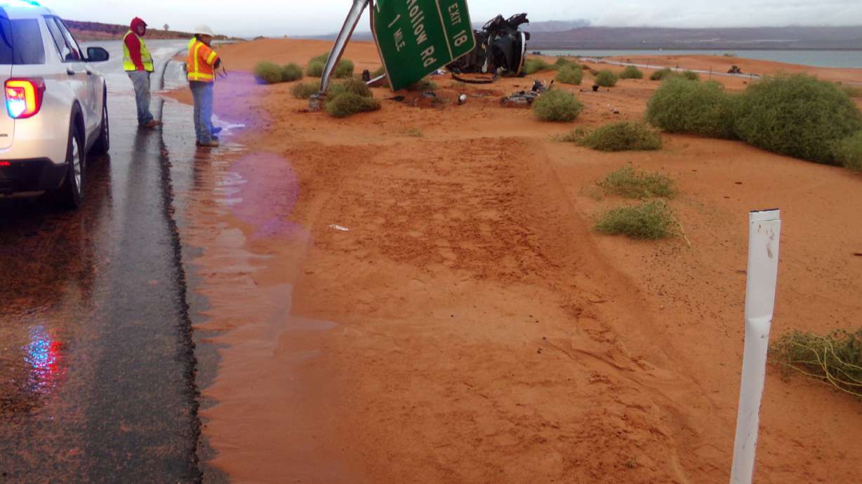 A driver died Tuesday after crashing on a muddy road near Sand Hollow Reservoir, troopers said.