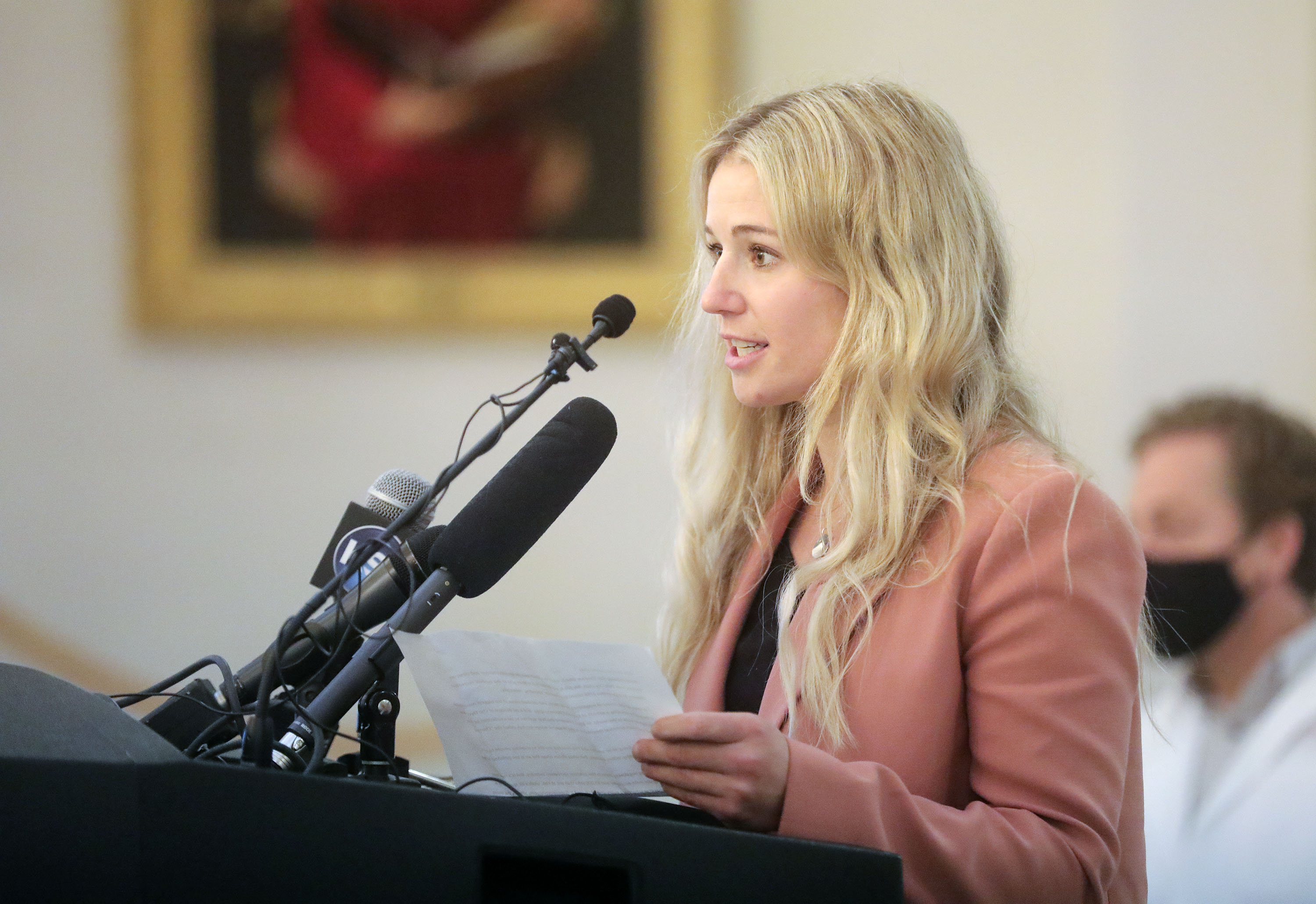 Caroline Gleich, a professional ski mountaineer, endurance athlete and environmental advocate, speaks during a press conference to announce a proposed legislative package called Prosperity 2030 at the Capitol in Salt Lake City on Tuesday, Oct. 12, 2021. The proposed legislative package, from Senate Majority Assistant Kirk Cullimore R-Draper, aims to reduce air pollution.