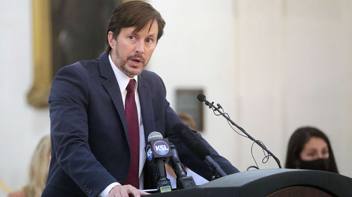 Senate Majority Assistant Whip Kirk Cullimore, R-Draper, speaks during a press conference at the Capitol in Salt Lake City on Oct. 12. The Utah Legislature passed a bill Wednesday that state lawmakers say would protect employees from President Joe Biden's COVID-19 vaccine workplace requirements.