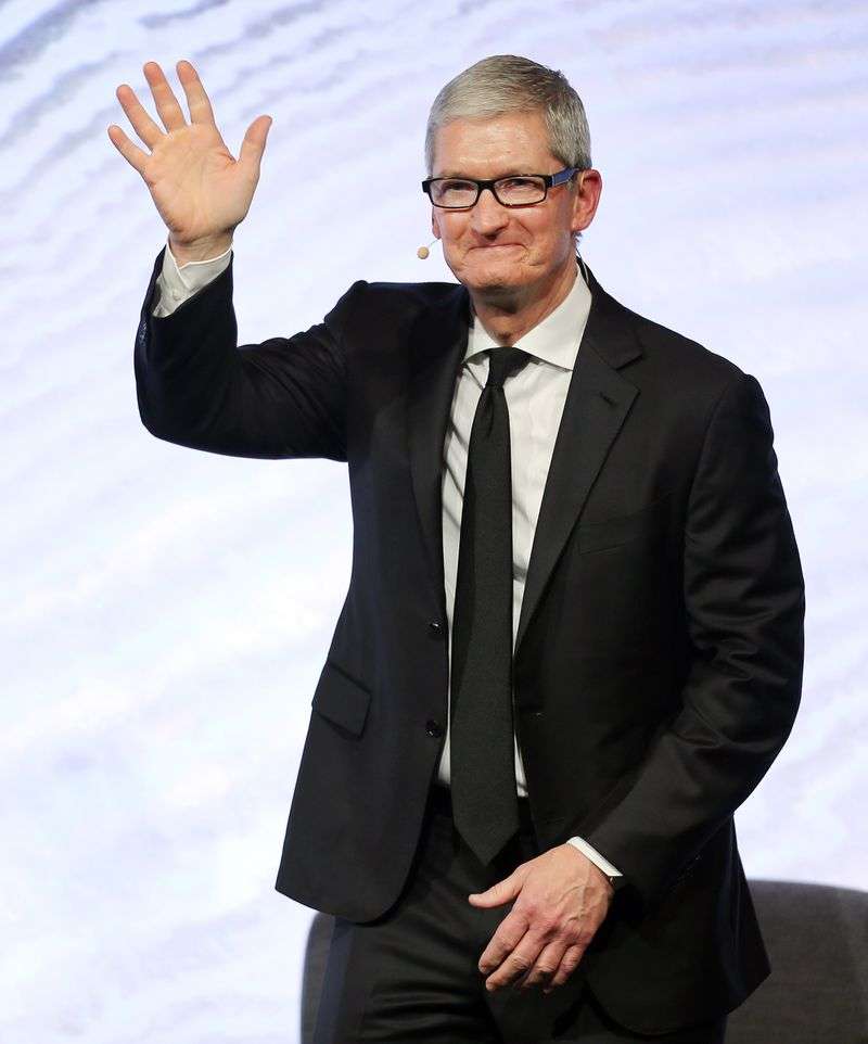 Apple CEO Tim Cook waves to the audience during a
question-and-answer session with members of the Utah tech community
at the Grand America Hotel in Salt Lake City on Sept. 30,
2016.