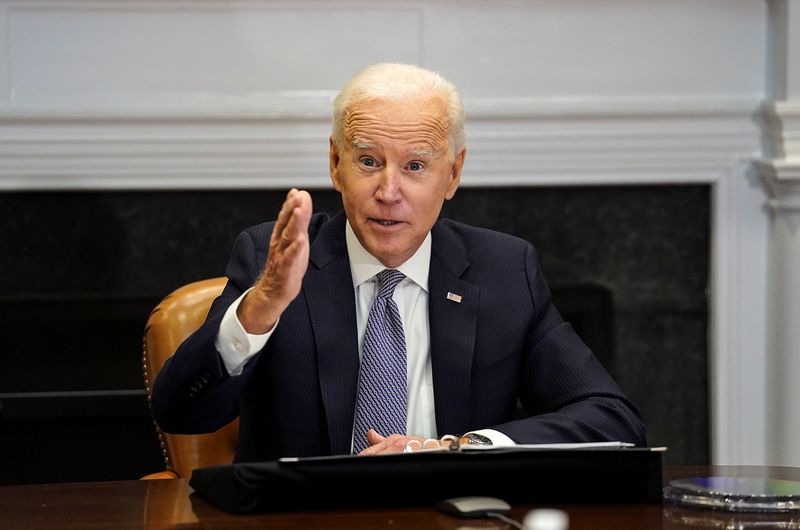 President Joe Biden speaks as he participates in the virtual CEO Summit on Semiconductor and Supply Chain Resilience from the Roosevelt Room at the White House in Washington, on April 12, 2021. Biden urged the private sector Wednesday to help ease supply chain blockages that are threatening to disrupt the U.S. holiday season and said the White House plans a nationwide overhaul of the clogged system.