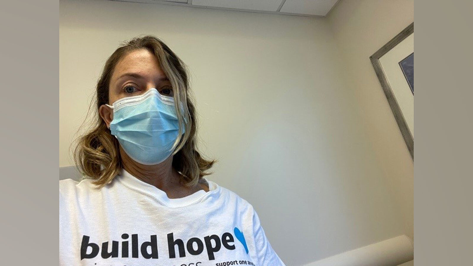 Anne LaPorte while receiving chemo treatment two weeks ago in her "build hope" shirt from Lung Cancer Resesarch Foundation's Free to Breathe walk.