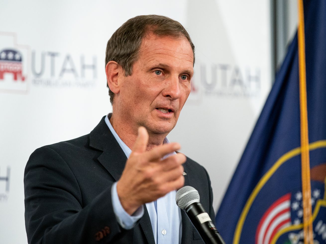 Rep. Chris Stewart, R-Utah, speaks at an election night event for Republican candidates at the Utah Association of
Realtors building in Sandy on Nov. 3, 2020. The Democratic-controlled House approved a resolution Tuesday to temporarily raise the government’s borrowing limit to $28.9 trillion without a single Republican vote, including those of Utah’s four GOP congressmen.