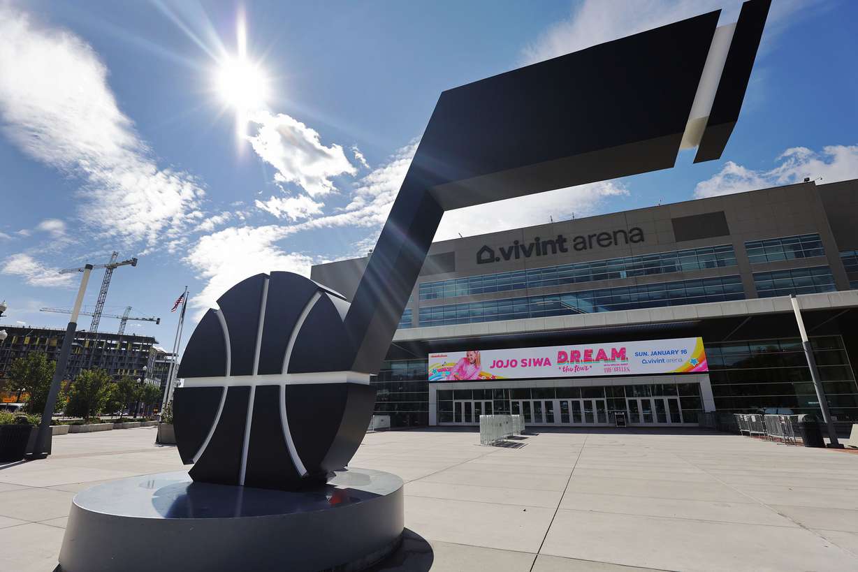 The Utah Jazz note outside of the Vivint Arena in Salt Lake City, pictured on Wednesday, Oct. 13, 2021, has been painted black and white as part of a rebranding effort for the team.