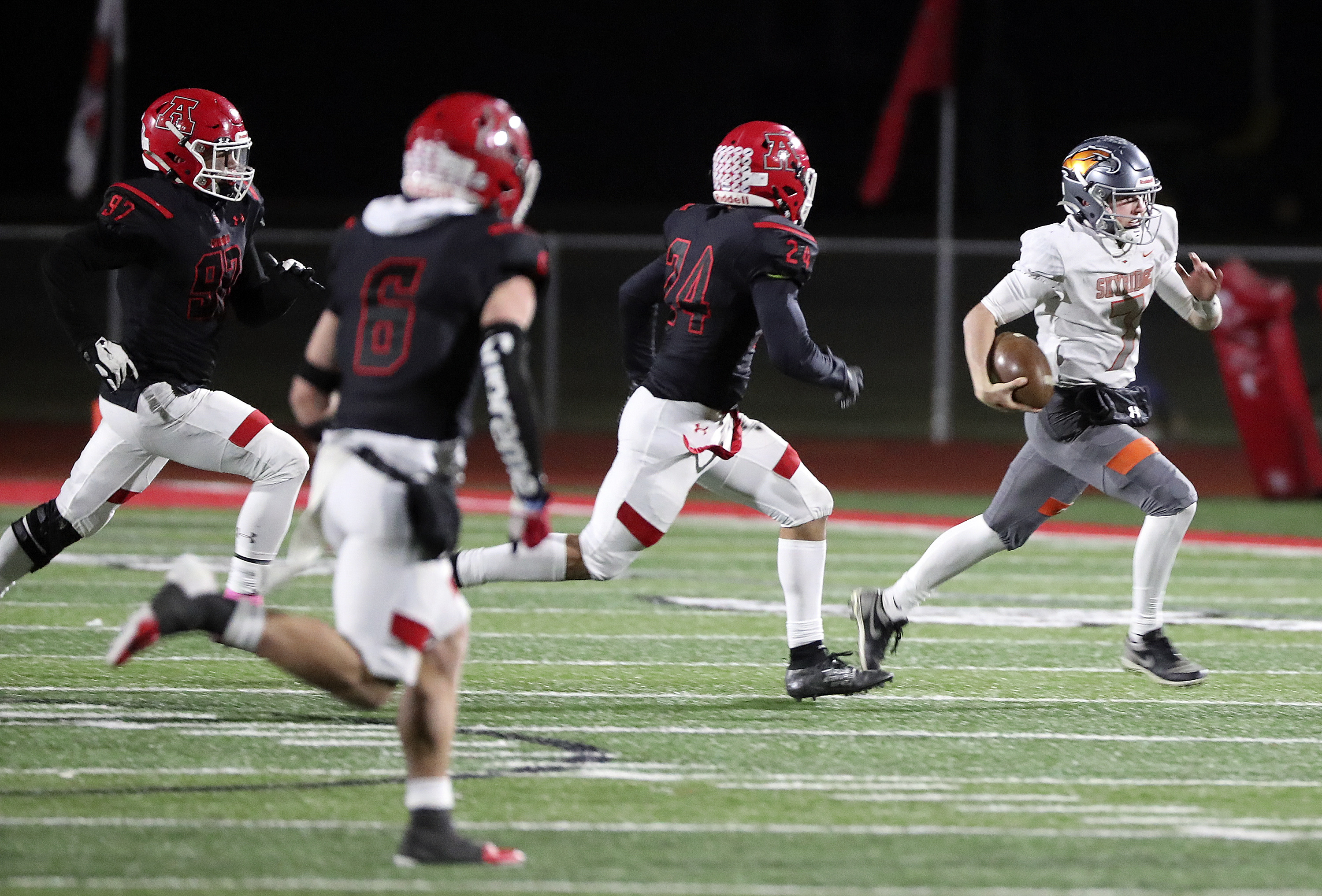 Skyridge’s McCae Hillstead runs with the ball during a varsity football game against American Fork at American Fork High School in American Fork on Wednesday, Oct. 13, 2021. Skyridge won 42-22.