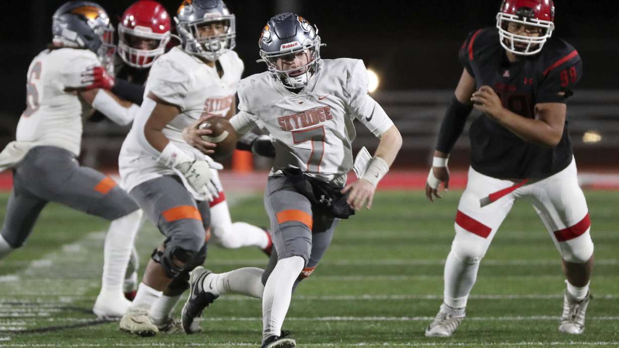 Skyridge’s McCae Hillstead runs with the ball during a varsity football game against American Fork at American Fork High School in American Fork on Wednesday, Oct. 13, 2021. Skyridge won 42-22.