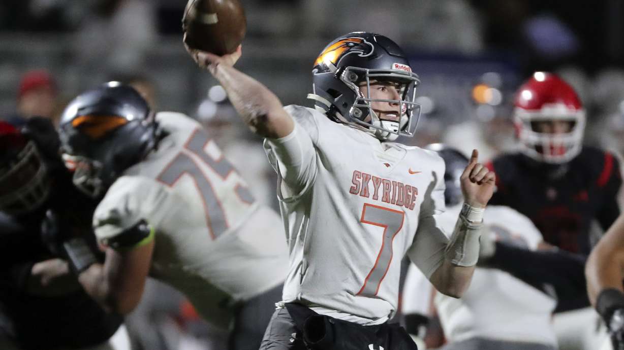 Skyridge’s McCae Hillstead throws a pass during a varsity football game against American Fork at American Fork High School in American Fork on Wednesday, Oct. 13, 2021. Skyridge won 42-22.