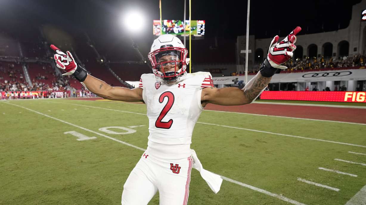 Utah running back Micah Bernard (2) celebrates a win over Southern California during an NCAA college football game Saturday, Oct. 9, 2021, in Los Angeles.