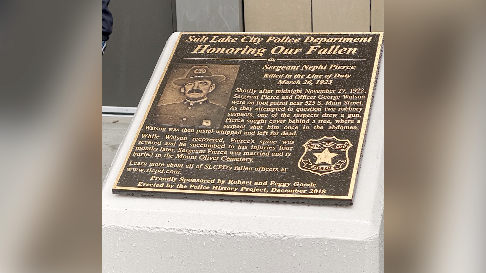A bronze plaque honoring Salt Lake City police officer Nephi Pierce, who was shot in the line of duty in 1922 and died four months later on March 26, 1923, was unveiled in downtown Salt Lake on Thursday, Oct. 14, 2021.