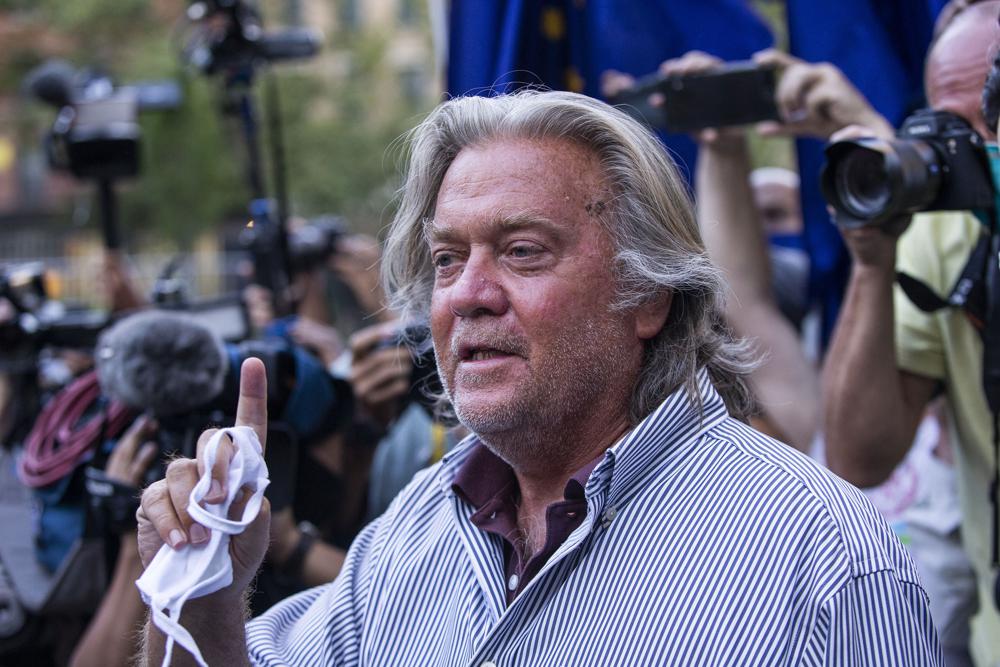 In this Aug. 20, 2020 photo, President Donald Trump's former chief strategist Steve Bannon speaks with reporters in New York. A lawyer for Bannon says Bannon won’t comply with a congressional investigation into the Jan. 6 insurrection at the Capitol because President Donald Trump is asserting executive privilege to block demands for testimony and documents.