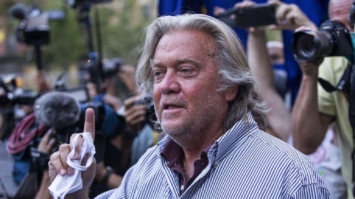 In this Aug. 20, 2020 photo, President Donald Trump's former chief strategist Steve Bannon speaks with reporters in New York. A lawyer for Bannon says Bannon won’t comply with a congressional investigation into the Jan. 6 insurrection at the Capitol because President Donald Trump is asserting executive privilege to block demands for testimony and documents.