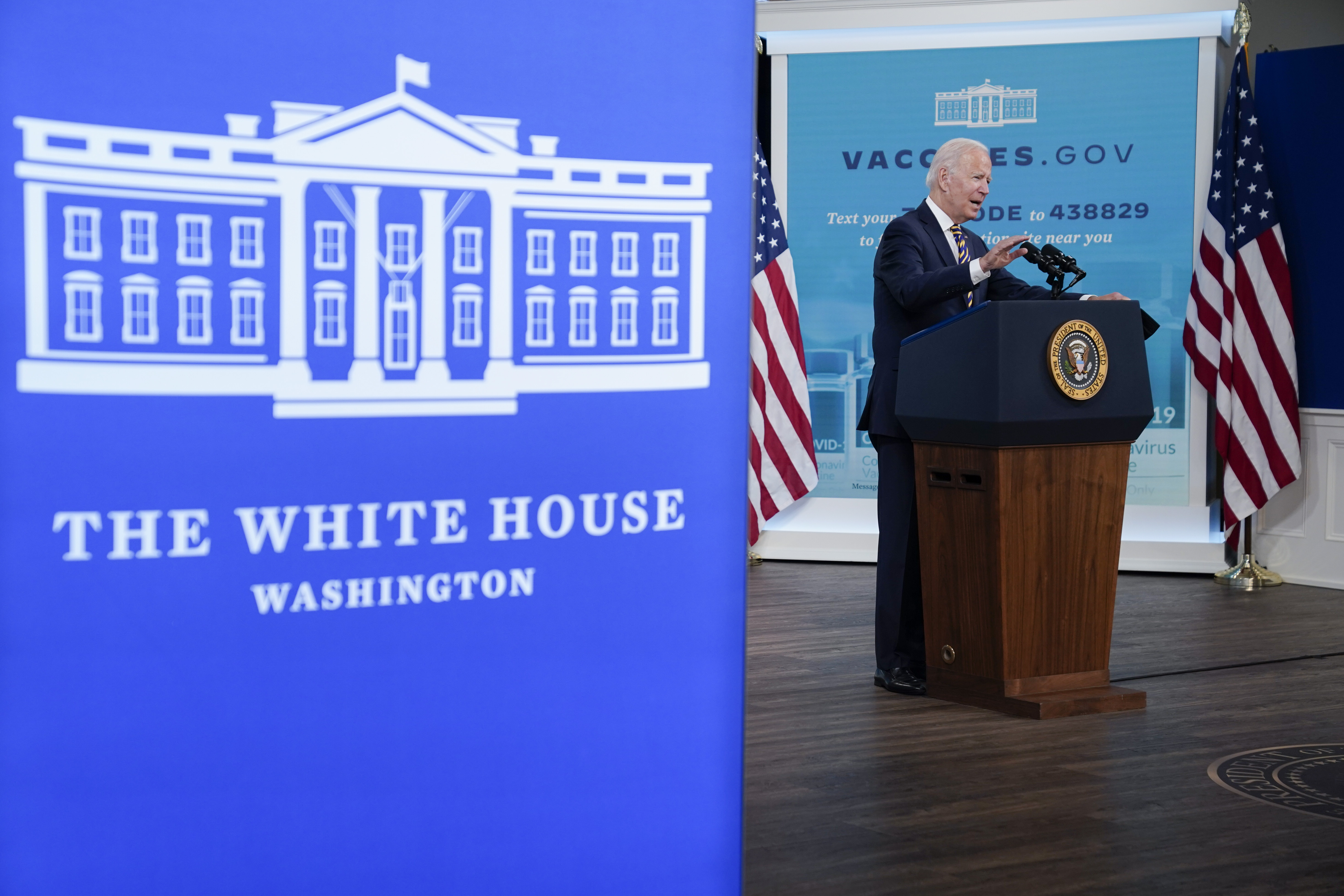President Joe Biden delivers an update on the COVID-19 response and vaccination program, in the South Court Auditorium on the White House campus, Thursday.