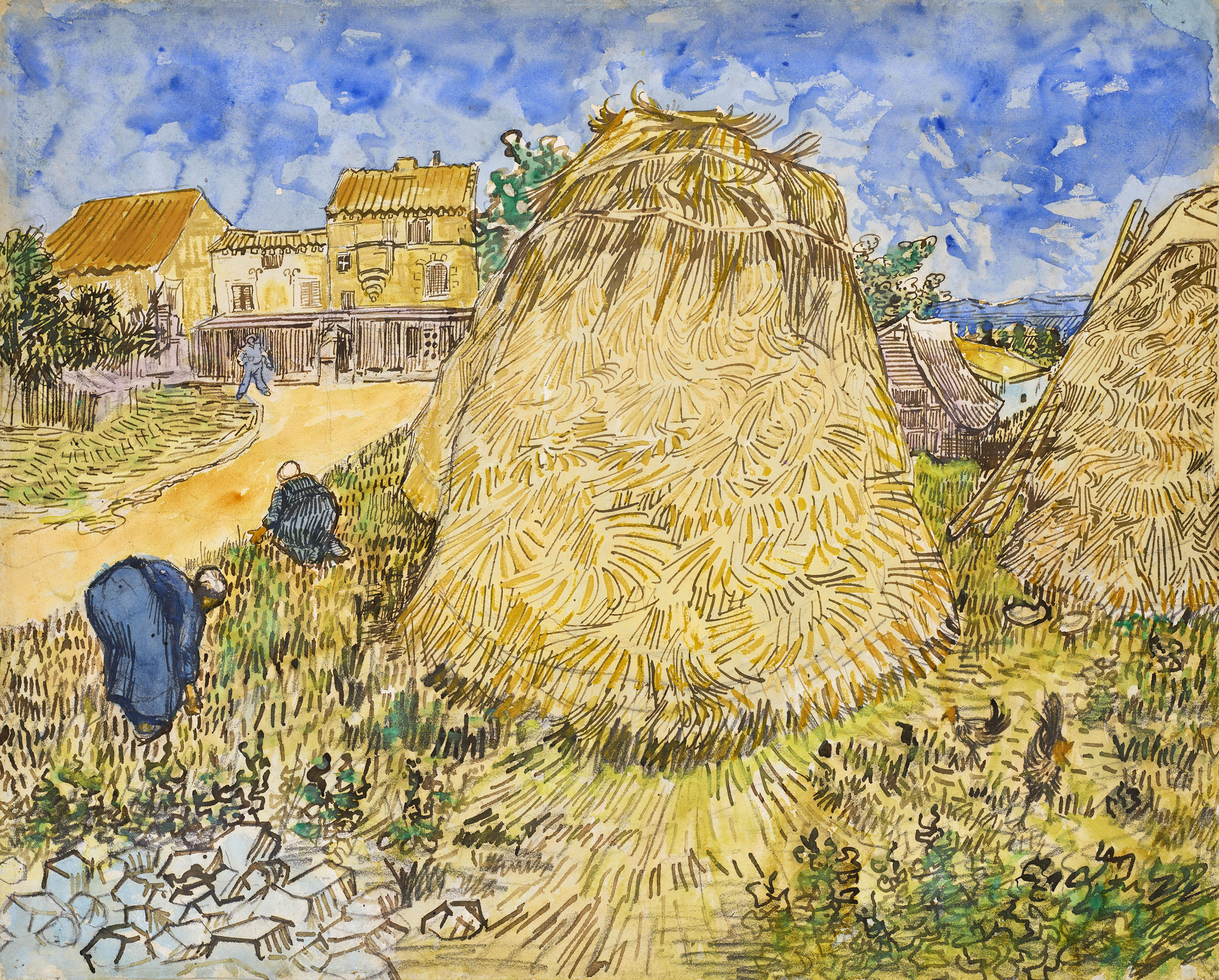 This image, provided by Christie's, shows Vincent van Gogh's 1888 work "Wheatstacks," to be offered in the dedicated sale "The Cox Collection: The Story of Impressionism," in New York, Nov. 11. The watercolor, seized by the Nazis during World War II is estimated at $20-million to $30-million.