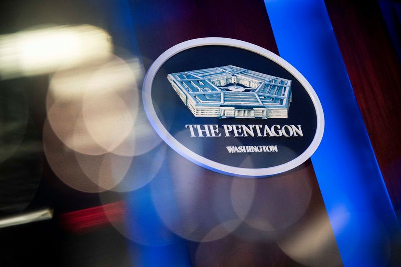 The Pentagon logo is seen behind the podium in the briefing room at the Pentagon in Arlington, Virginia on Jan. 8, 2020.